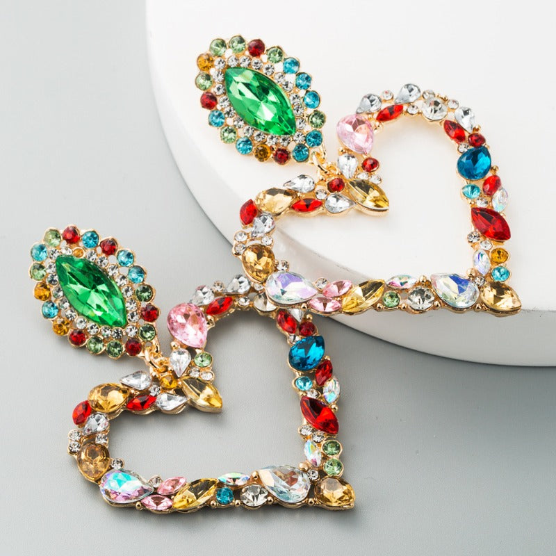 Wholesale Popular Heart-shaped Alloy Inlaid with Colored Diamonds Retro Temperament Exaggerated Super Shiny Full Diamond Earrings